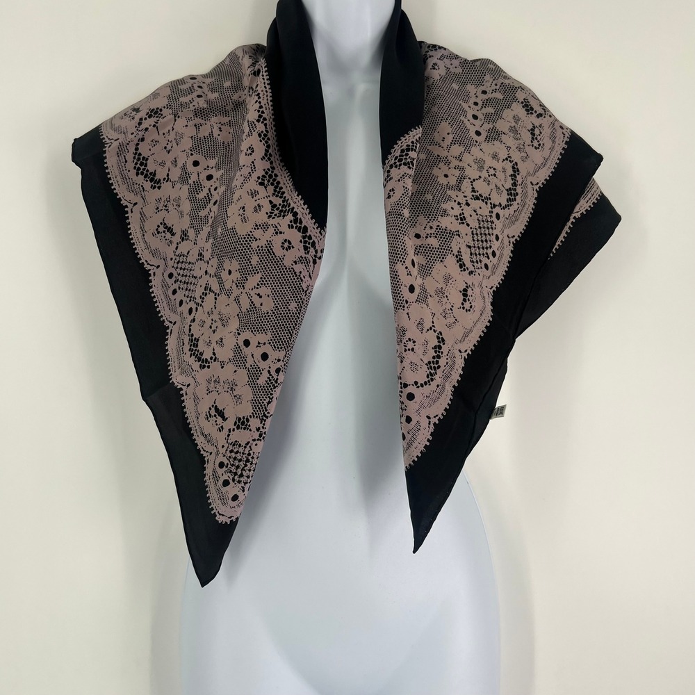 Lanvin Paris Silk Square Scarf Black Pink Floral Lace Print Hand Rolled - Picture 9 of 12